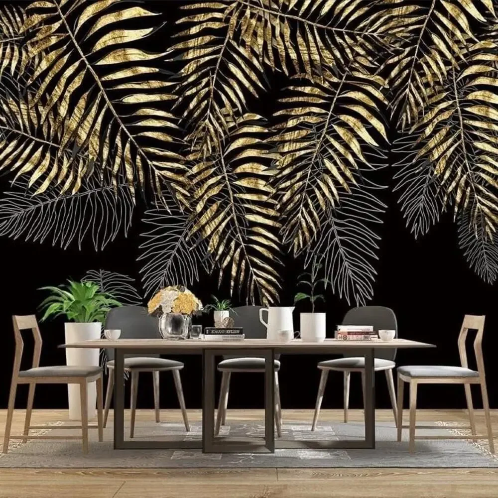 NEW Botanical Black & Gold Palm Leaves Photo Fabric Wall Mural 160